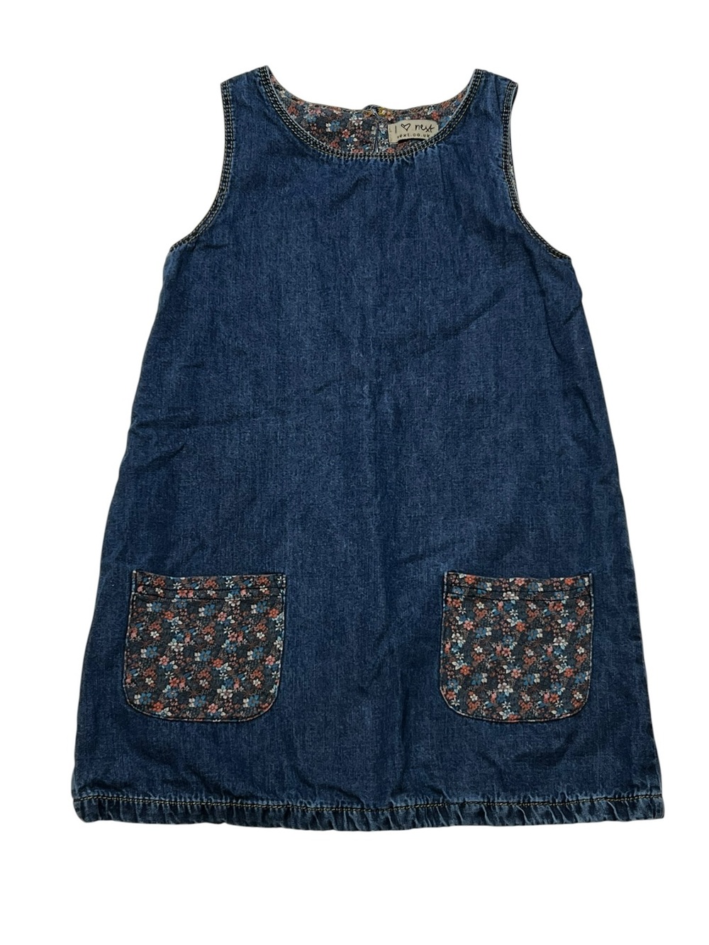 next Denim Pinafore with Floral Trim - Blue and Multicolor
